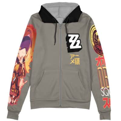 The Evelyn Zenless Zone Zero Streetwear Zip Hoodie Jacket is gray with a black hood, features anime-style art on the left sleeve, Japanese text, bold ZZ letters, and colorful emblems on the chest and right sleeve.