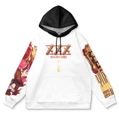 The Banyue Zenless Zone Zero Streetwear Hoodie is a white hoodie with a black hood, anime-style graphics on the chest and sleeves, plus red and yellow Japanese text for a stylish streetwear look.