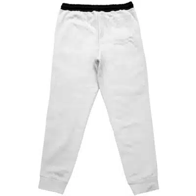 Banyue Zenless Zone Zero Streetwear Sweatpants, shown laid flat with the back side facing up. These white sweatpants feature a black elastic waistband, cuffed ankles, and are made from soft, comfortable fabric.
