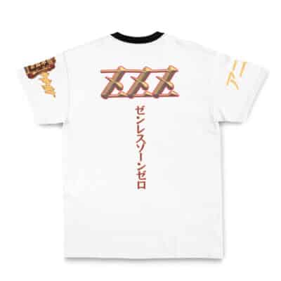 The Banyue Zenless Zone Zero Streetwear T-Shirt features a white base with black trim, three large red X’s and vertical Japanese text on the back, plus gold sleeve designs.