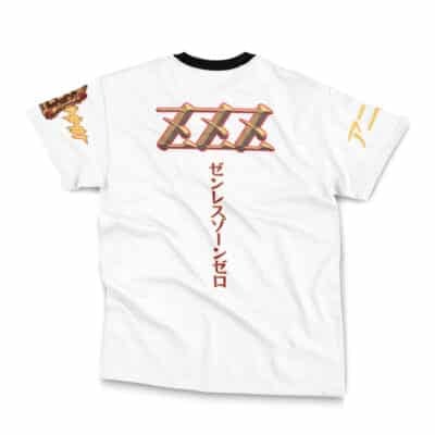 The Banyue Zenless Zone Zero Streetwear T-Shirt (Copy) is a white tee featuring three red Xs on the back, vertical Japanese text beneath them, with yellow and red graphics on the right sleeve and collar.