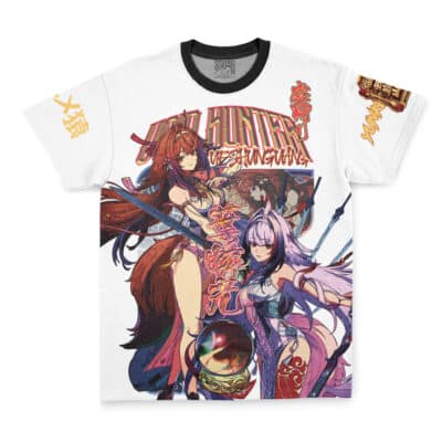 The Banyue Zenless Zone Zero Streetwear T-Shirt features vibrant anime-style art of two sword-wielding female characters in dynamic poses, Japanese text, and “Yakuza Hunter” and “Nesingwary” in bold red across the chest.