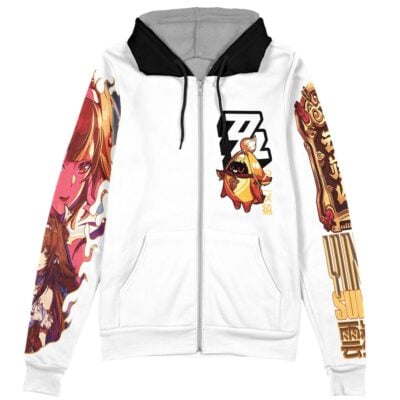 The Banyue Zenless Zone Zero Streetwear Zip Hoodie Jacket features a white zip-up design with black hood lining and vibrant anime-style art on the sleeves and chest, including a yellow chibi character and illustrations in red, gold, and brown.