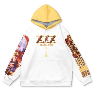 The Trigger Zenless Zone Zero Streetwear Hoodie features a white body, yellow hood, bold anime-style art on both sleeves, and gold-orange Japanese text on the chest. The right sleeve shows a red-and-white character; the left has a gold-red mechanical design.