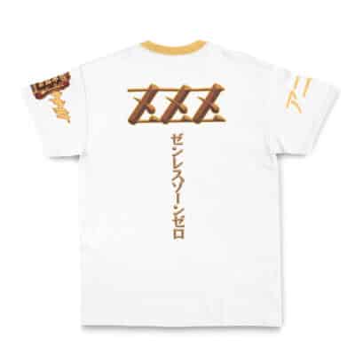 The Trigger Zenless Zone Zero Streetwear T-Shirt features a white base with yellow collar and sleeve cuffs, three crossed wooden planks and Japanese text on the back, plus gold accents on both sleeves.