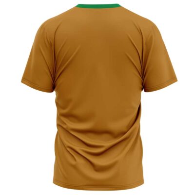 The Buff Anime Body T-Shirt (Copy) is a gold-colored short-sleeve tee, shown from the back, featuring a green collar and subtle fabric wrinkles.