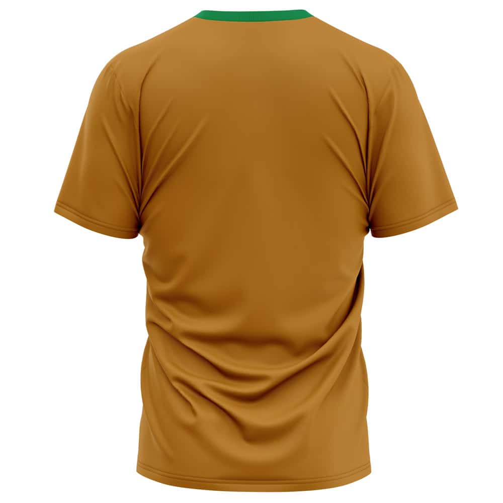 The Buff Anime Body T-Shirt (Copy) is a gold-colored short-sleeve tee, shown from the back, featuring a green collar and subtle fabric wrinkles.
