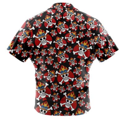 The Default Button Up Hawaiian Shirt (Copy) is a short-sleeved shirt with a black and red background featuring cartoon skulls with flaming crowns, red bandanas, and crossed bones in a repeating pattern.