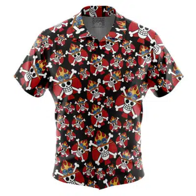 The Default Button Up Hawaiian Shirt features short sleeves and a black background with cartoon skulls in aviator goggles, flaming heads, crossed bones, and red pirate flags in an all-over print.