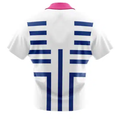 The Default Button Up Hawaiian Shirt (Copy) is a white short-sleeve shirt with a pink collar and bold blue geometric stripes on the back, creating an abstract pattern of horizontal and vertical lines.