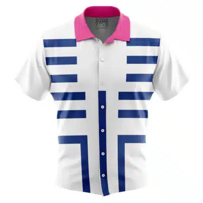 The Default Button Up Hawaiian Shirt (Copy) is a white short-sleeve shirt with bold horizontal and vertical blue stripes on the front and a solid pink collar.