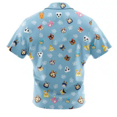 The Default Button Up Hawaiian Shirt (Copy) is a light blue, short-sleeve shirt with cartoon bear, fox, panda, and rabbit faces plus white leaves. Shown from the back.