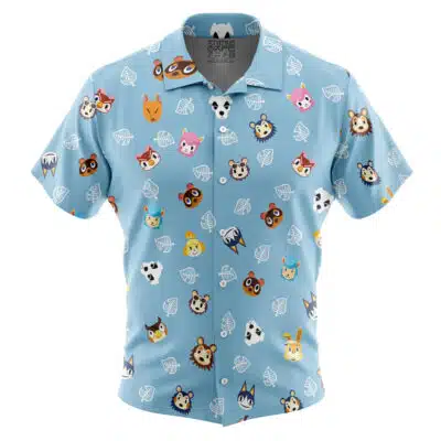 Default Button Up Hawaiian Shirt (Copy): Light blue short-sleeve shirt with button-up front, decorated with cute animal faces—dogs, cats, bears, pandas—and small white leaf patterns throughout.
