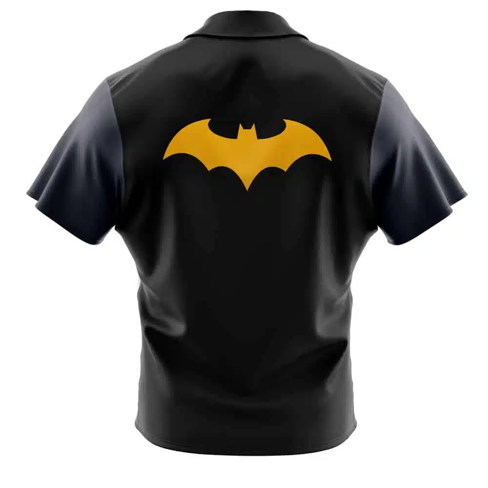 A black short-sleeve Hawaiian shirt viewed from the back, featuring a large yellow Batman logo on the upper back. The shirt is named "Default Button Up Hawaiian Shirt (Copy)" and includes dark sleeves and a collar.