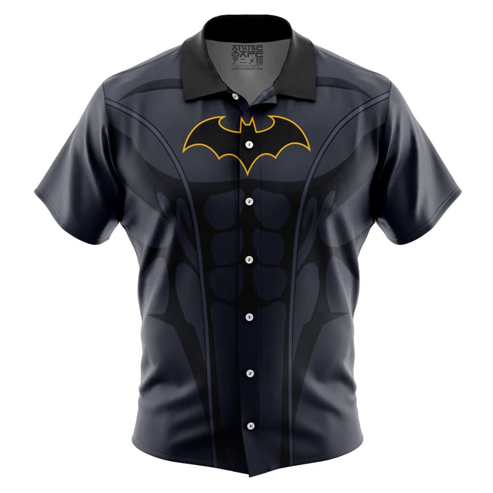 The Default Button Up Hawaiian Shirt (Copy) is a short-sleeve button-up featuring a black and gray Batman suit design with a yellow bat symbol on the chest, mimicking the look of Batman’s costume armor.