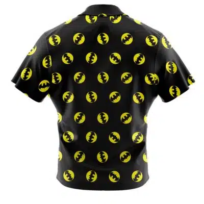 The Default Button Up Hawaiian Shirt (Copy) is a black, short-sleeved shirt with a collar and a repeating yellow Batman logo pattern on the back, displayed on a white background.