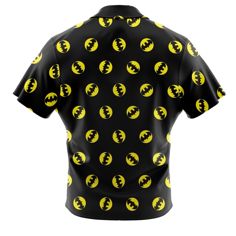 The Default Button Up Hawaiian Shirt (Copy) is a black, short-sleeved shirt with a collar and a repeating yellow Batman logo pattern on the back, displayed on a white background.