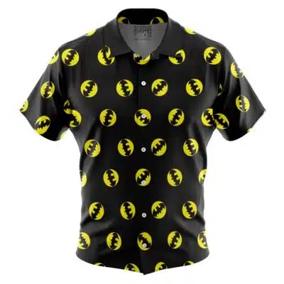 The Default Button Up Hawaiian Shirt (Copy) is a short-sleeve, black button-up with a repeating yellow Batman logo pattern. Solid black collar and buttons complement its bold, comic-inspired style.