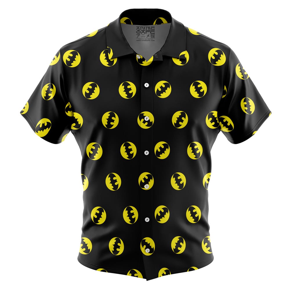 The Default Button Up Hawaiian Shirt (Copy) is a short-sleeve, black button-up with a repeating yellow Batman logo pattern. Solid black collar and buttons complement its bold, comic-inspired style.