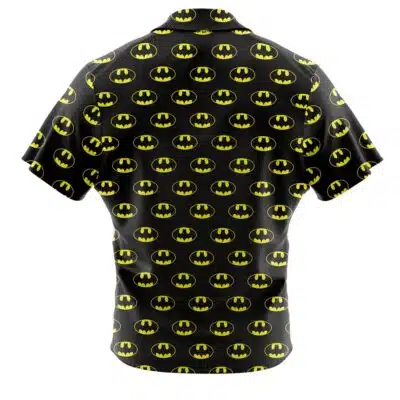 A short-sleeved black Default Button Up Hawaiian Shirt (Copy) with an all-over yellow Batman logo pattern, displayed from the back.