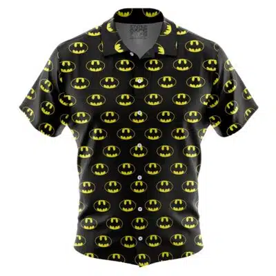 The Default Button Up Hawaiian Shirt (Copy) is a short-sleeve black shirt with a repeating pattern of yellow Batman logos covering the entire fabric.