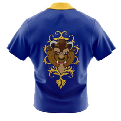 The Default Button Up Hawaiian Shirt (Copy) is a blue short-sleeve shirt with a yellow collar, featuring a roaring beast with horns and mane surrounded by gold patterns illustrated on the back.
