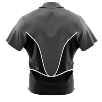 The Default Button Up Hawaiian Shirt (Copy) is a short-sleeve, dark gray collared shirt with light gray curved piping on the back that forms a V-shape and outlines the back sections.