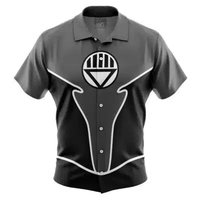 The Default Button Up Hawaiian Shirt (Copy) is a black and gray short-sleeve shirt with a stylized white and black circular geometric chest emblem and white contour lines running vertically and horizontally.