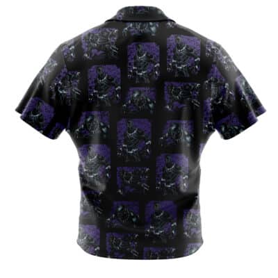 Back view of the Default Button Up Hawaiian Shirt, short-sleeved and black, with a repeating pattern of a dark armored figure on purple backgrounds in rectangular frames for a bold, graphic look.