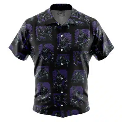 The Default Button Up Hawaiian Shirt (Copy) is a short-sleeved black shirt with dark armored characters in purple panels, creating an anime or comic book-inspired look.