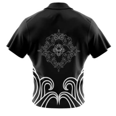 The Default Button Up Hawaiian Shirt (Copy) is a black short-sleeve shirt with a white ornate, symmetrical design on the back, a circular emblem in the center, and curved patterns along the bottom.