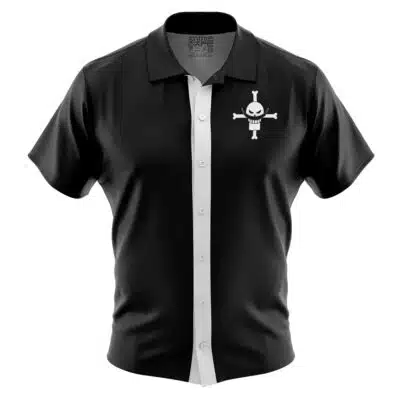 The Default Button Up Hawaiian Shirt (Copy) is a black short-sleeve shirt featuring a white vertical stripe by the buttons and a white cartoon skull and crossbones emblem on the left chest.
