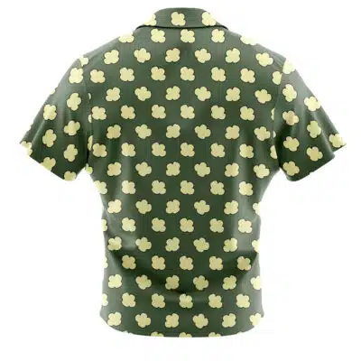 The Default Button Up Hawaiian Shirt (Copy) is a short-sleeved, button-up shirt featuring a green background with a repeating pattern of light yellow, cloud-like shapes. Shown from the back.