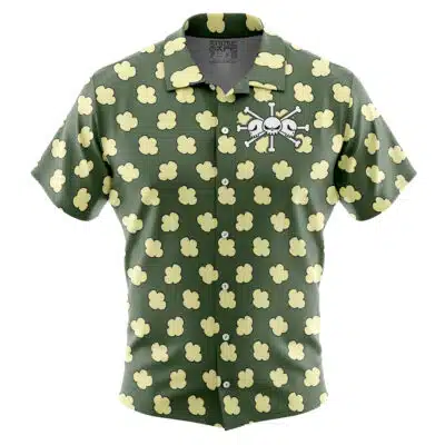 The Default Button Up Hawaiian Shirt (Copy) is a short-sleeved, green button-up shirt featuring yellow cloud patterns and a white skull and crossbones emblem on the upper left chest.
