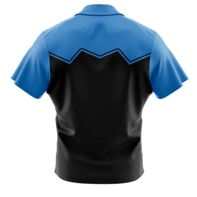 The Default Button Up Hawaiian Shirt (Copy) is a short-sleeved polo seen from the back, with a blue upper section featuring a black zigzag design, solid black lower half, and matching blue sleeves and collar.