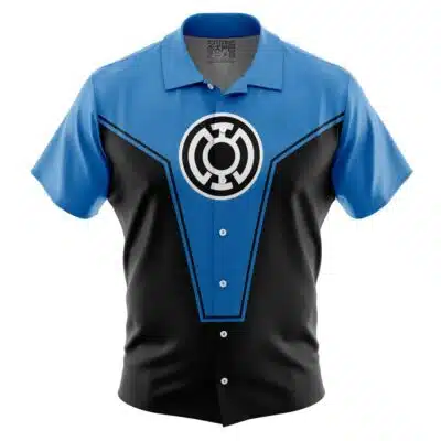 The Default Button Up Hawaiian Shirt (Copy) features short sleeves, blue sleeves and shoulders, a black front, and a white and black circular emblem with blue accents on the chest, reminiscent of a superhero uniform.