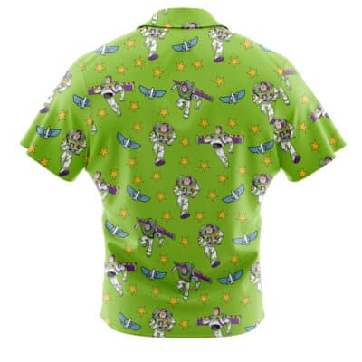 The Default Button Up Hawaiian Shirt (Copy) is a bright green short-sleeve shirt with an all-over print of cartoon astronauts, blue wings, and yellow stars on the back.