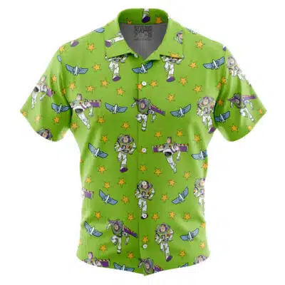 The Default Button Up Hawaiian Shirt (Copy) is a bright green short-sleeve shirt featuring a repeating Buzz Lightyear pattern with blue wings and yellow stars, inspired by the Toy Story character.