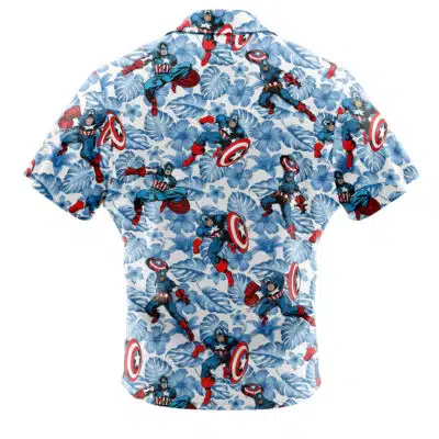 The Default Button Up Hawaiian Shirt (Copy) features a vibrant pattern of Captain America in action poses with his shield on a blue leafy background and has short sleeves.