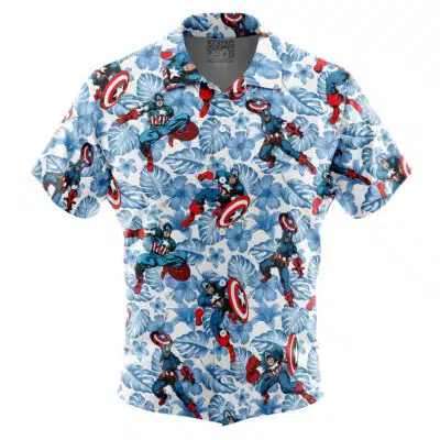 The Default Button Up Hawaiian Shirt (Copy) features short sleeves, a blue and white tropical leaf pattern, and multiple images of Captain America holding his shield in various action poses.