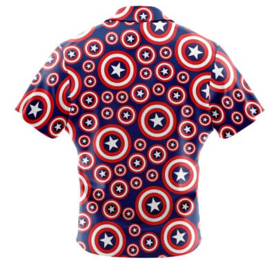 The Default Button Up Hawaiian Shirt (Copy) features short sleeves and a repeating pattern of Captain America's shield—red, white, and blue circles with a white star—on a dark blue background. The image displays the back of the shirt.