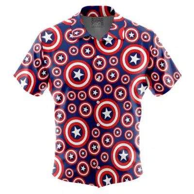 The Default Button Up Hawaiian Shirt features short sleeves and a pattern of overlapping red, white, and blue Captain America shields on a dark background.