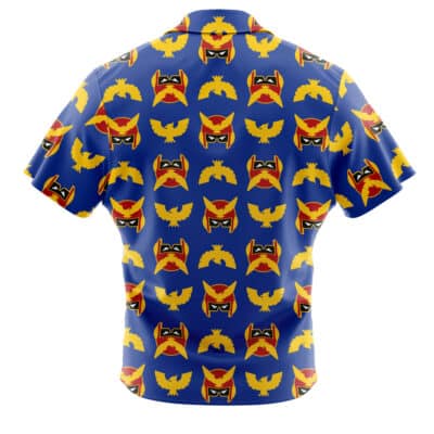 The Default Button Up Hawaiian Shirt (Copy) is a blue short-sleeve shirt with a repeating pattern of red, yellow, and black comic-style superhero masks and winged emblems, shown from the back.