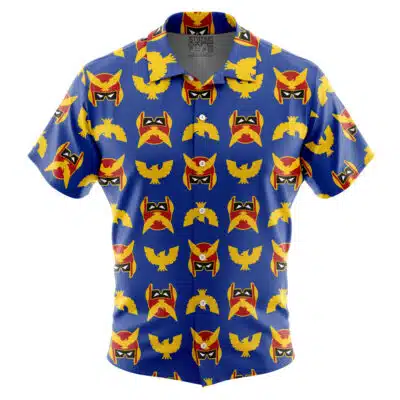 The Default Button Up Hawaiian Shirt (Copy) is a short-sleeved shirt with a blue base and a repeating pattern of red, yellow, and black superhero masks and bird emblems.