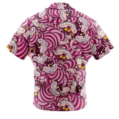 Default Button Up Hawaiian Shirt (Copy) is a short-sleeved shirt with pink, purple, and white stripes and a vibrant Cheshire Cat pattern featuring multiple yellow-eyed cat faces from Alice in Wonderland.