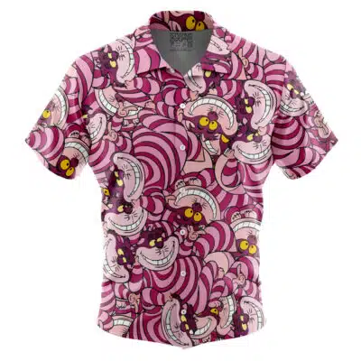 The Default Button Up Hawaiian Shirt (Copy) is a short-sleeved shirt featuring an all-over print of Alice in Wonderland’s Cheshire Cat with pink and purple swirling stripes, multiple smiling faces, and yellow eyes.