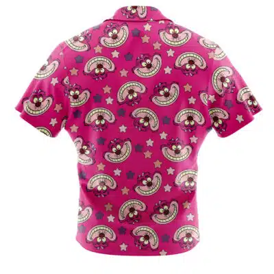 A vibrant pink Default Button Up Hawaiian Shirt (Copy) with short sleeves, shown from the back, features a repeating pattern of cartoon grinning cat faces and multicolored stars.