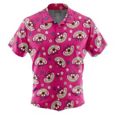 The Default Button Up Hawaiian Shirt (Copy) is a bright pink short-sleeve shirt with button-up front, decorated with cartoon smiling faces, crescent moons, and stars in yellow, white, and purple.