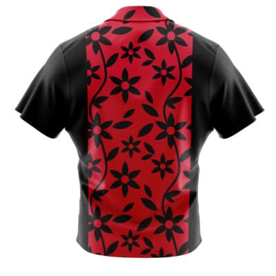 The Default Button Up Hawaiian Shirt (Copy) is a black short-sleeve shirt with a wide red vertical panel on the back, decorated with bold black flowers and vines. The rest of the shirt is solid black.