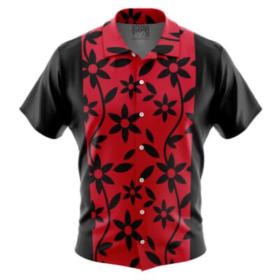 The Default Button Up Hawaiian Shirt (Copy) features short sleeves, black collar and sleeves, a bold red vertical stripe with black floral floral pattern on the front, large flowers, swirling vines, and white buttons.
